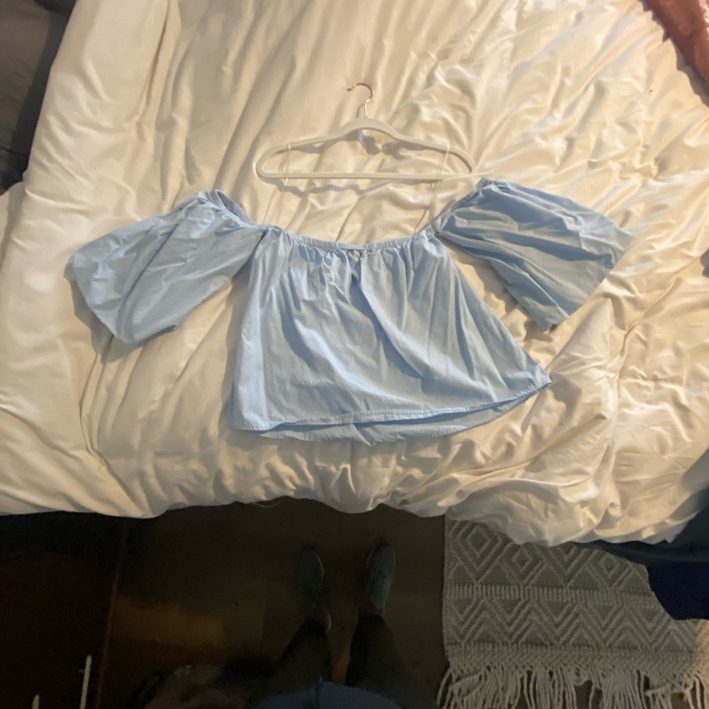 NWOT blue off shoulder shirt with poof sleeves